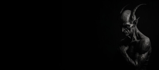 Obraz na płótnie Canvas Black and white photorealistic studio portrait of the demonic being lucifer the devil on black background. Generative AI illustration