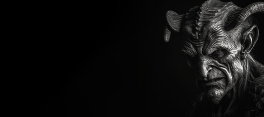 Black and white photorealistic studio portrait of the demonic being lucifer the devil on black background. Generative AI illustration