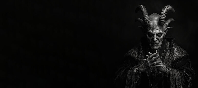 Black and white photorealistic studio portrait of the demonic being lucifer the devil on black background. Generative AI illustration