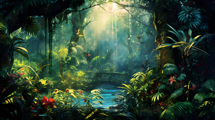 Fototapeta premium the lush beauty of a rainforest canopy, with dense foliage forming a vibrant green ceiling, rays of sunlight peeking through the treetops, and a myriad of exotic plants and wildlife thriving in this r