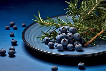 Juniper berries on a blue ceramic plate with a neutral backdrop