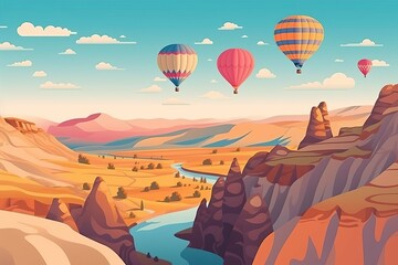 Bunch of balloons in the sky. Minimalistic flat design landscape poster. Beautiful illustration picture. Generative AI