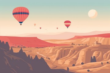 Bunch of balloons in the sky. Minimalistic flat design landscape poster. Beautiful illustration picture. Generative AI