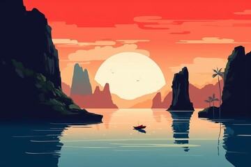 Sunset over water. Minimalistic flat design landscape poster. Beautiful illustration picture. Generative AI
