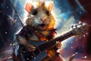 Funny anthropomorphic cool hamster playing guitar. Beautiful illustration picture. Generative AI