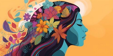 Fototapeta na wymiar Serene Woman with Long Hair and Flower Pattern on Her Head Encircled by Blooms