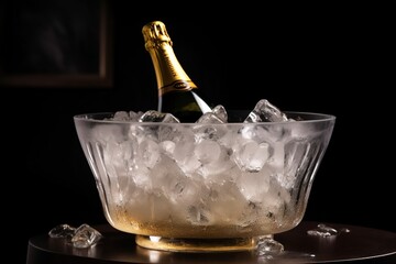 Champagner im Kühlbehälter aus Glas mit vielen Eiswürfeln. Gekühlter Sekt auf einem Tisch. Generativ KI  - obrazy, fototapety, plakaty