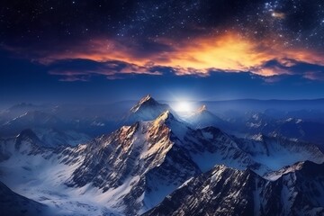 Fototapeta na wymiar Fantastic starry sky. Autumn landscape with snow and mountains. Beautiful illustration picture. Generative AI