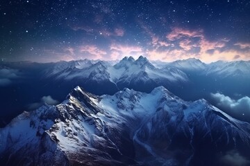 Plakat Fantastic starry sky. Autumn landscape with snow and mountains. Beautiful illustration picture. Generative AI