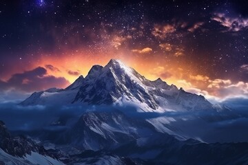 Plakat Fantastic starry sky. Autumn landscape with snow and mountains. Beautiful illustration picture. Generative AI