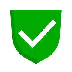 Green check mark shield icon. Safety or approval. Vector.