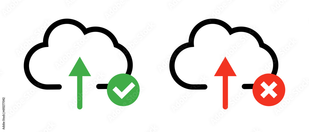Aufkleber cloud upload success and failure icon set. vector.