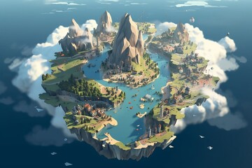 An island with different geographical shapes and mountains. Beautiful illustration picture. Generative AI