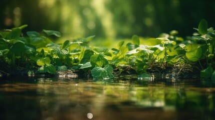 Kleiner Bachfluss im Sommer mit grünen Pflanzen im flachen Wasser. Generativ KI