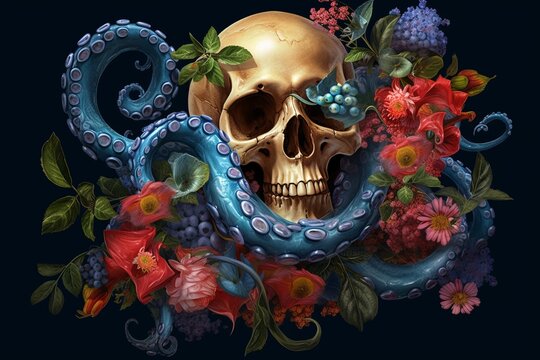 Glossy, shiny skull with flowers. Beautiful illustration picture. Generative AI