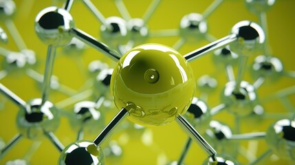 Complex molecular structure with spherical particles. Futuristic technology style. Generative AI. Illustration for banner, poster, cover, brochure or presentation.