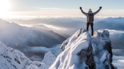 Naklejka na ściany i meble Person reaching the top of a mountain. Generative AI