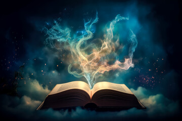 Open magic book book bursting with sparking magic, light in the night sky, starry sky and clouds, whimsical magic. Generative Ai.