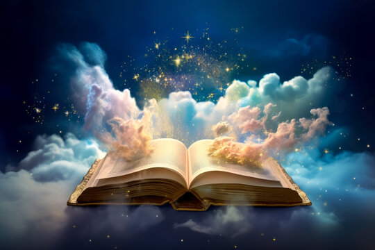 Open magic book book bursting with sparking magic, light in the night sky, starry sky and clouds, whimsical magic. Generative Ai.