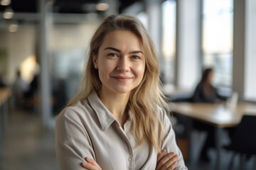 Young confident female entrepreneur sitting at her working desk and posing smiling at camera in her office. Generative AI