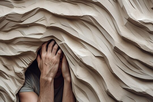 Overwhelmed Man Standing Against Wind-Blown Papers or Sand - AI Generative