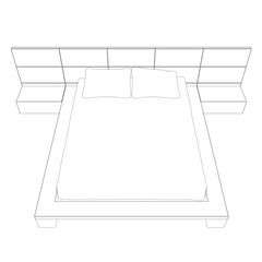 Contour line drawing of double bed. Modern comfortable luxury furnitures for bedroom. Outline of a sleeping bed with pillows from black lines isolated on a white background. Vector illustration..