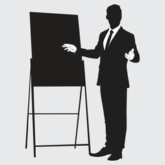 businessman in a suit standing at the empty person with a blackboard silhouette - obrazy, fototapety, plakaty