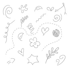 Hand-drawn vector doodle Doodle Swash Black Thin Line Set Include of Heart, Stroke, Circle and Arrow Sign. Vector illustration