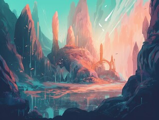 Fototapeta na wymiar Reise durch die Zeit: Futuristische Sci-Fi Darstellung von prähistorischen Höhlen in strahlendem Himmelblau und dunklem Bernstein, betörende Flusslandschaften unter karmesinrotem Licht