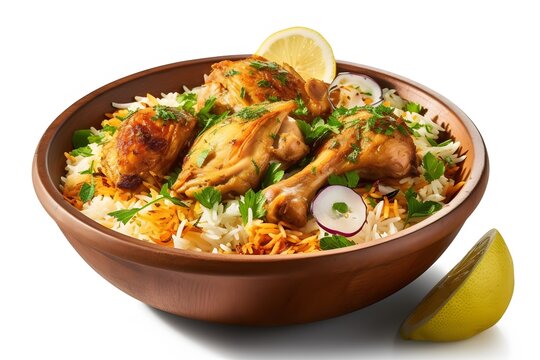 Aromatic and flavorful basmati rice and a mixture of spices accompany the chicken biryani. Generative AI