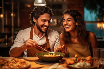 Generative AI. Heartwarming Culinary Journey: Young Couple's Shared Joy in Gourmet Meal