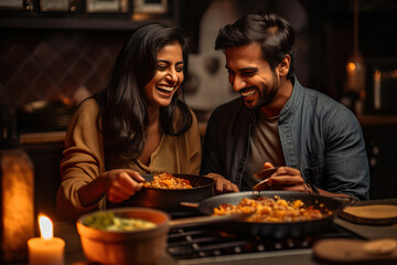 Generative AI. Heartwarming Culinary Journey: Young Couple's Shared Joy in Gourmet Meal