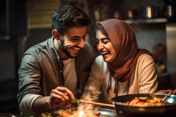 Generative AI. Heartwarming Culinary Journey: Young Couple's Shared Joy in Gourmet Meal