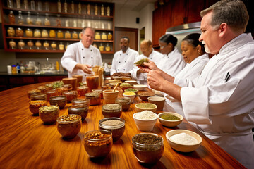 Generative AI. Culinary instructor demonstrating the art of seasoning and spices to adult students