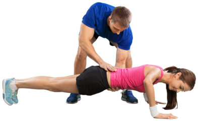 Happy caucasian couple man woman personal trainer exercising