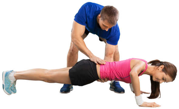 Happy caucasian couple man woman personal trainer exercising
