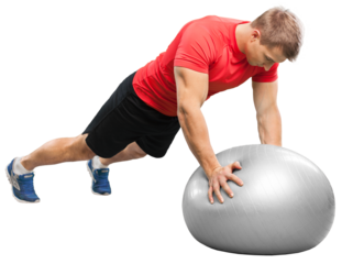 Young man doing fitness exercise on pilates ball