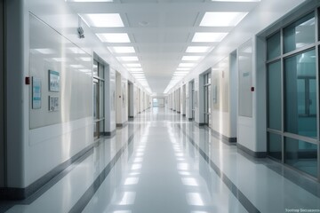 Long bright empty corridor with doors to hospital. Generative AI