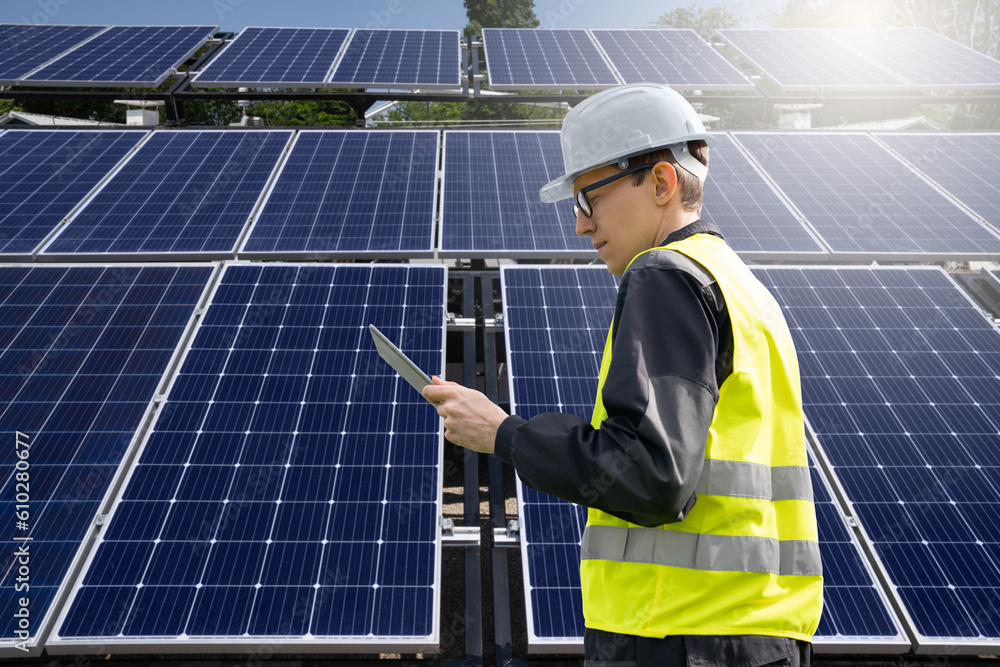 Aufkleber Engineer with tablet computer on a background of mobile solar energy power station
