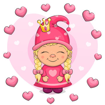 Cute Cartoon Gnome Girl In Pink Clothes And Crown. Vector Illustration Of A Dwarf Woman On A Pink Background With A Frame Of Hearts.