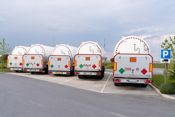 Tank trailers stand in a row. LPG transportation