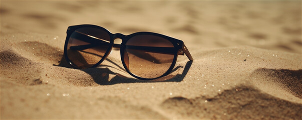 close up of sunglasses on beach sand. AI generated content