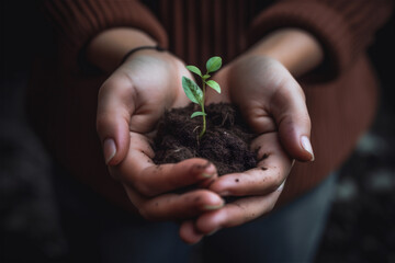 hands holding a green seedling growing in soil. organic farmer protecting a young plant in garden. AI generated content