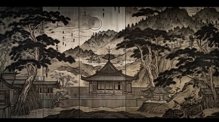 Japanese traditional Ukiyoe house in gray and black mountains Abstract, Elegant and Modern AI-generated illustration