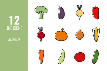 Food line icons set. Dark grey line with coloured silhouette. Vector illustration.