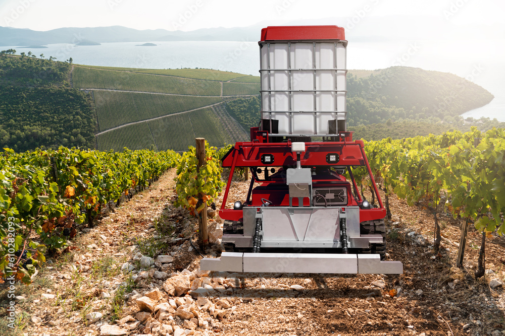 Poster autonomous robot sprayer works in a vineyard. smart farming concept