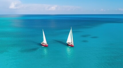 Fototapeta premium Sailboats sailing on a sea of turquoise clarity. Captured by an aerial drone. Generative AI