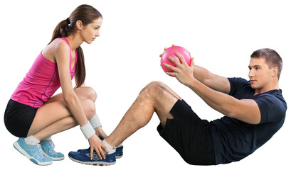 Happy caucasian couple man woman personal trainer exercising