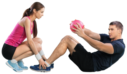 Happy caucasian couple man woman personal trainer exercising