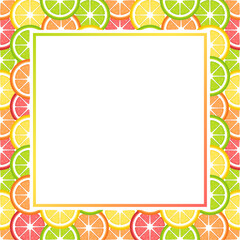 Vector frame with copy space. Slices of lemon, orange, lime and grapefruit on white background.